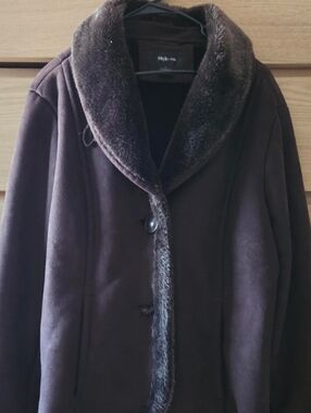 Style & Co. Dark Brown Faux-Fur Trim Pea Coat